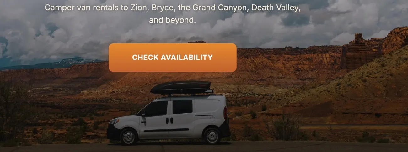 The booking button on the live Vegas Campers site — where a trip starts and the system takes over